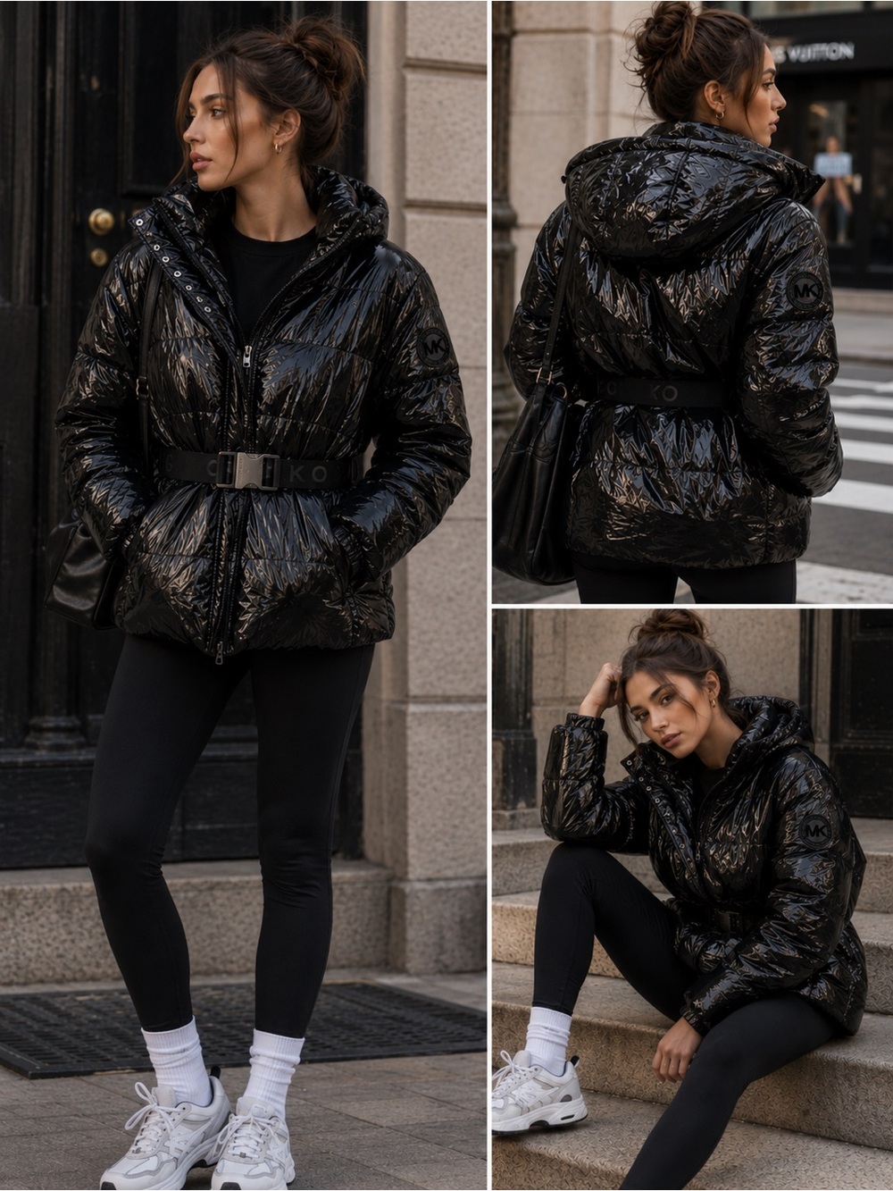 Michael Kors Glossy Black Quilted Belted Puffer Jacket with Hood